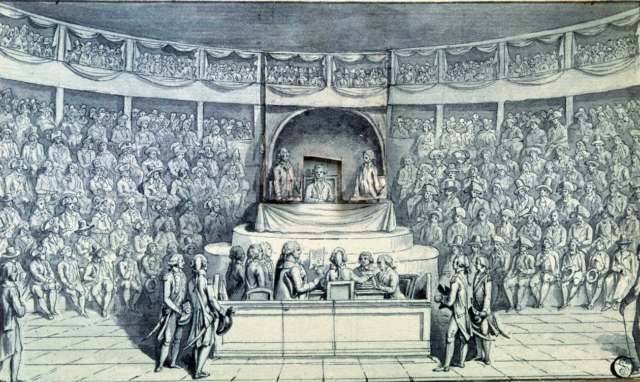Rivoluzione francese: Re Luigi XVI (1754-1793) al timone è interrogato da Antoine Barnave (1761-1793) durante il suo processo davanti alla Convenzione Nazionale che deciderà sulla sua condanna a morte il 21/01/1793. Disegno anonimo intorno al 1793. Parigi, da French School