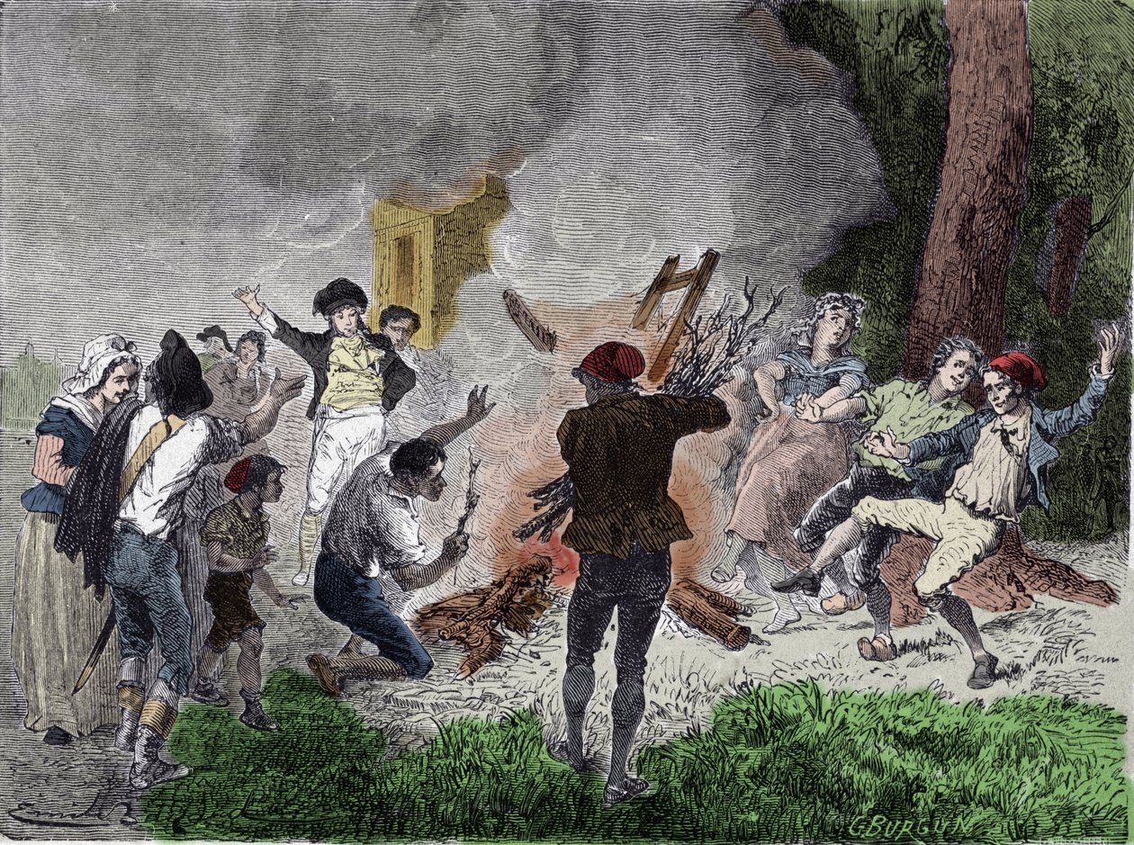 Rivoluzione francese: "Il popolo brucia il telegrafo di Claude Chappe, nel parco di Saint-Fargeau a Menilamount, nel settembre 1792, credendo che fosse un dispositivo destinato a comunicare con la famiglia reale rinchiusa nella prigione del Tempio" Incisio da French School