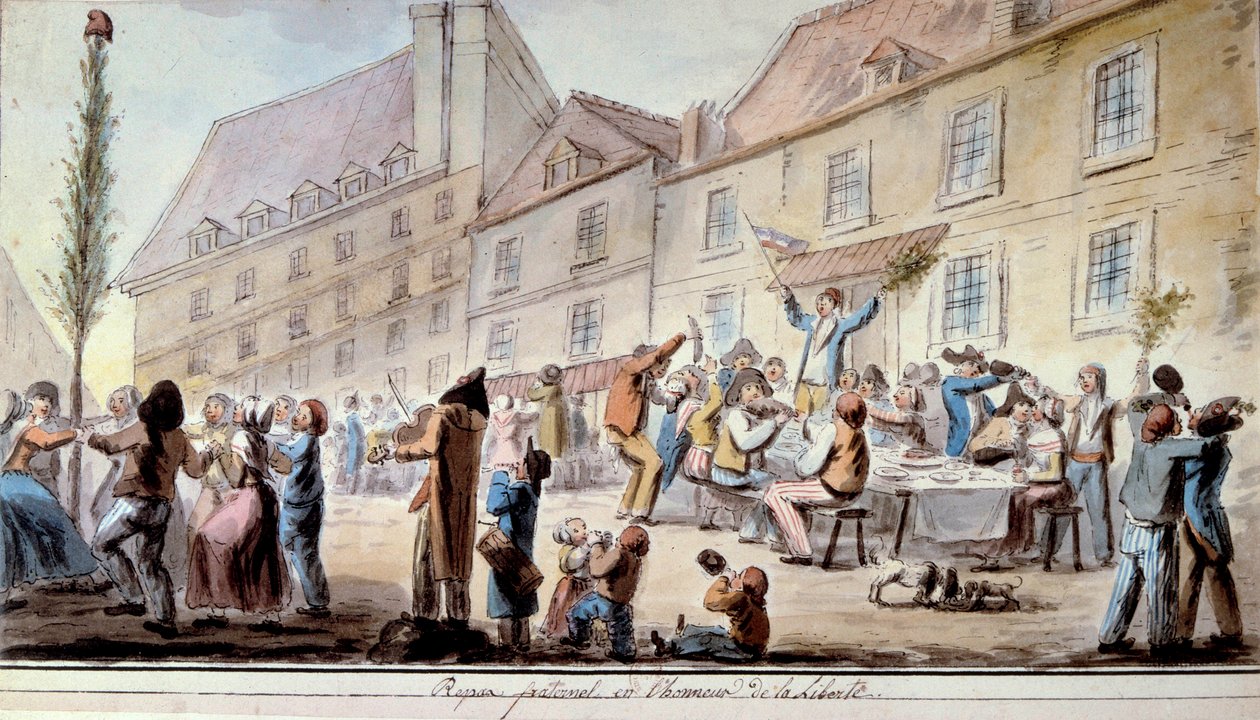 Rivoluzione francese: pasto fraterno in onore della libertà nel giugno 1793. Patrioti e parigini celebrano la Libertà. Il motto 