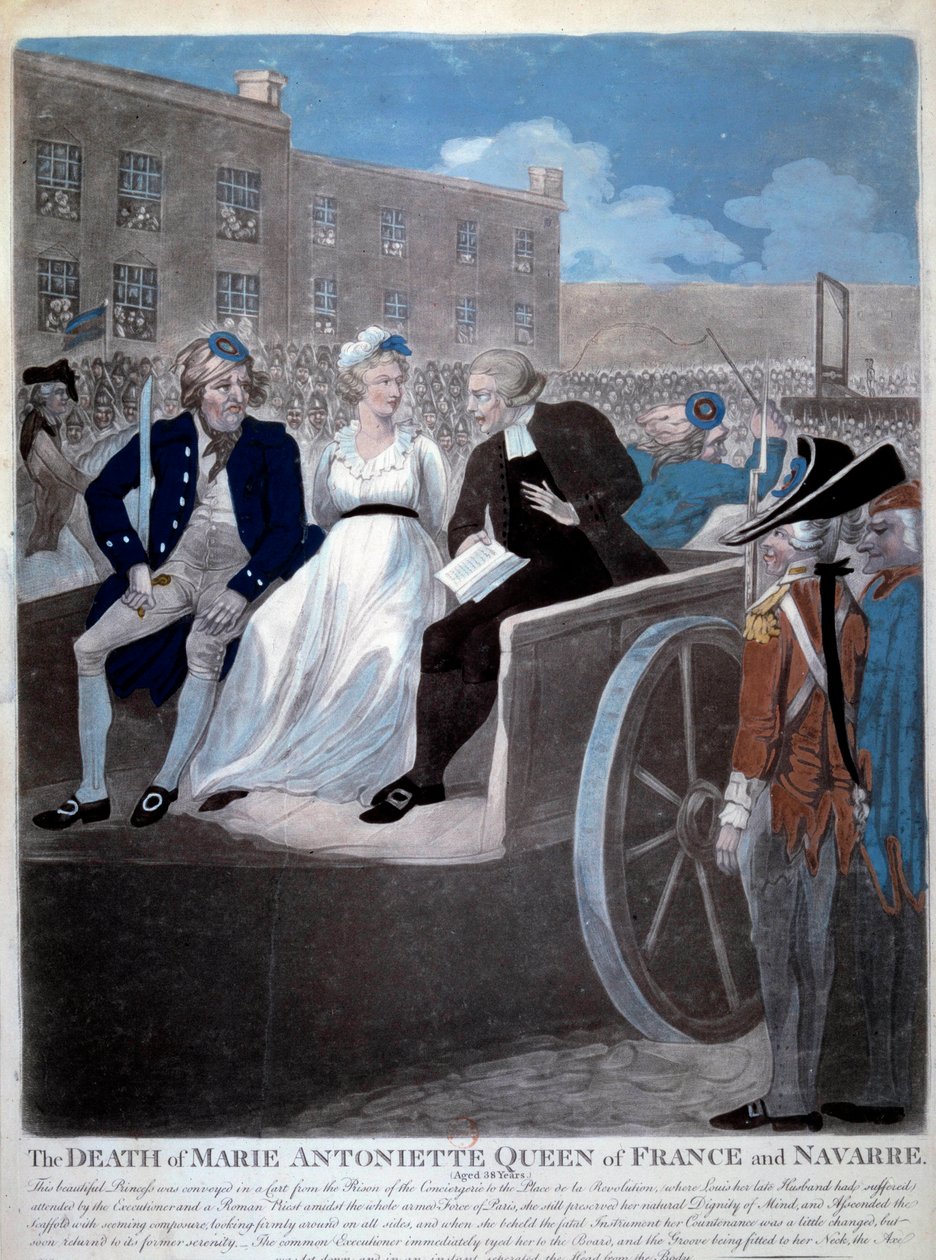 Rivoluzione francese: la regina di Francia Maria Antonietta (1755-1793) viene portata alla ghigliottina. Incisione del 1793. Parigi, Biblioteca dell