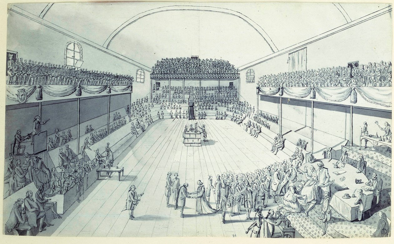 Rivoluzione francese: la nascita della Costituzione nel settembre 1791 redatta da Guy Jean-Baptiste Target (1733-1807) nella sala del Jeu de Paume a Versailles dove i deputati avevano prestato giuramento il 20/06/1789. Disegno anonimo intorno al 1791. Pari da French School