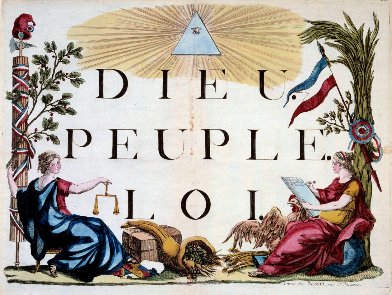Rivoluzione Francese: il triangolo divino che illumina Dio, il Popolo e la Legge, le allegorie della Francia, della Giustizia, dell