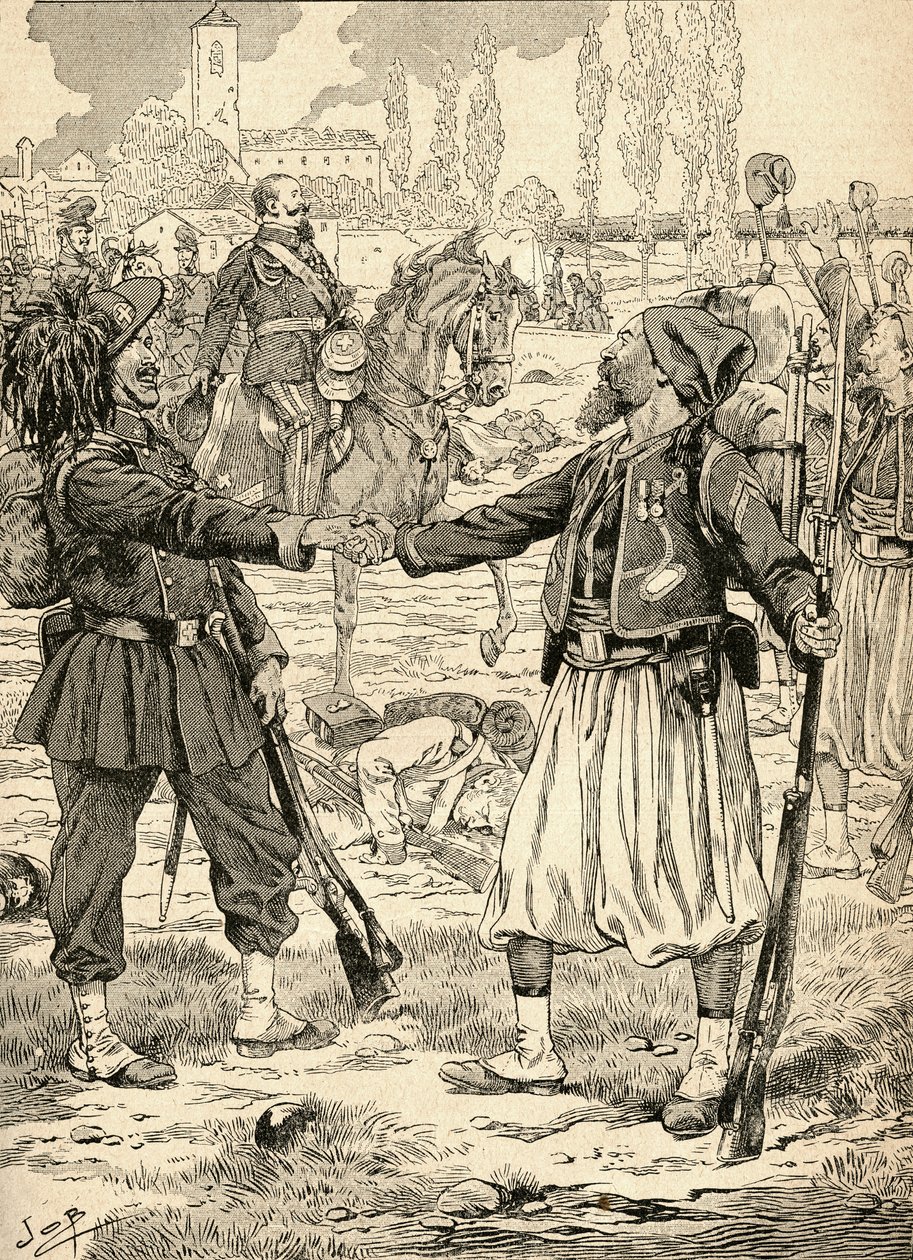 Soldati francesi e sardi che si stringono la mano per celebrare la loro vittoria contro gli austriaci dopo la battaglia di Palestro, Italia da French School