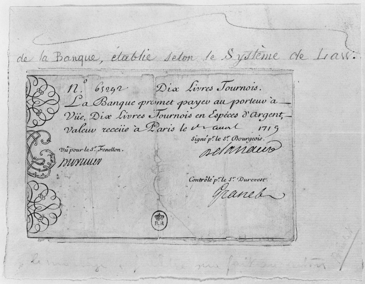 Banconota francese da dieci sterline della Law Bank, datata 1 aprile 1719 da French School