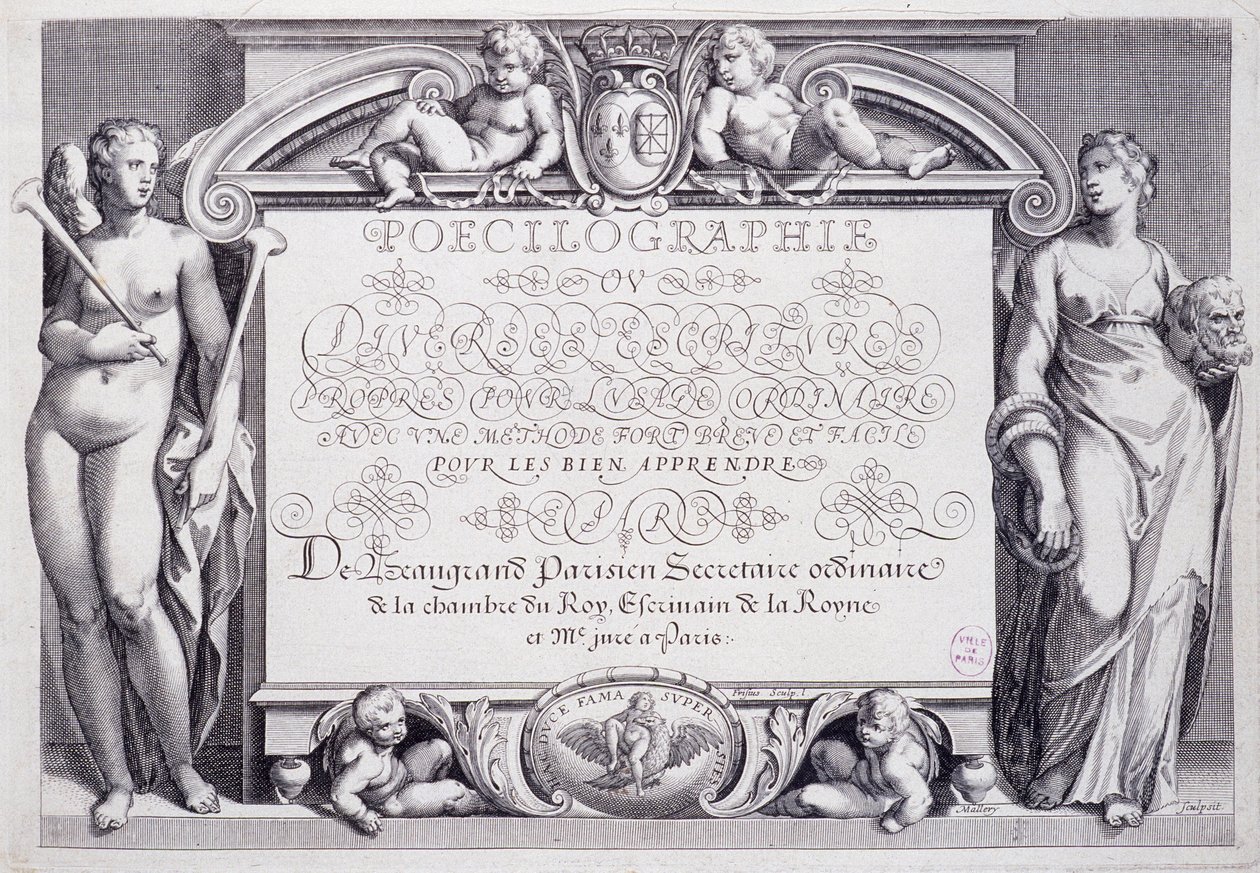 Calligrafia francese: Poecilografia, frontespizio, di Baptiste de Beaugrand nel 1606. da French School