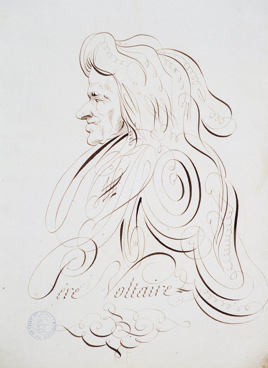 Calligrafia francese: Ritratto di Padre Voltaire di Bernard de Paris intorno al 1780. Biblioteca storica della città di Parigi da French School