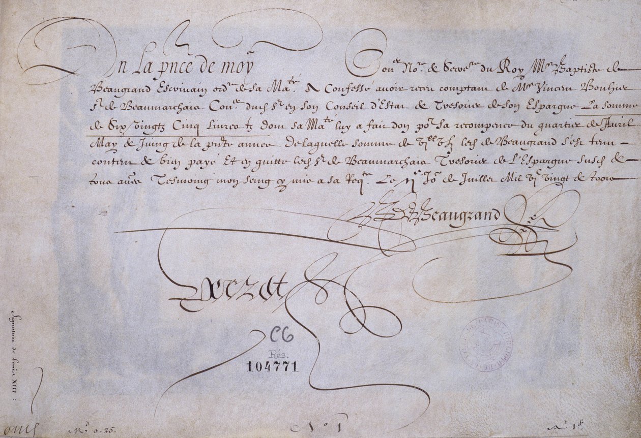 Calligrafia francese: Ricevuta a favore di Bernard de Beaugrand rilasciata il 2 luglio 1623. Biblioteca storica della città di Parigi. da French School