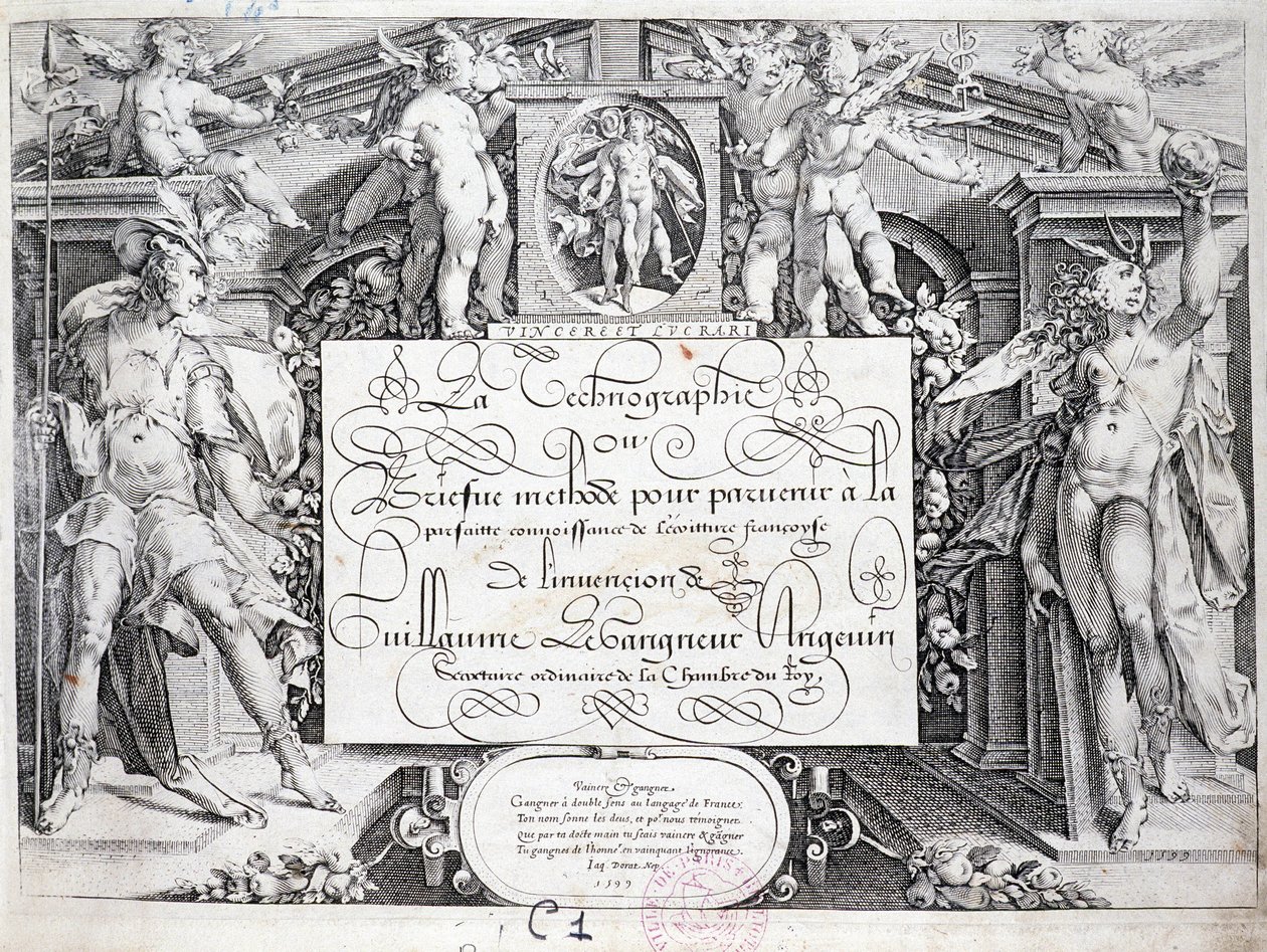 Calligrafia francese: Tecnografia, frontespizio di Guillaume Le Gangneur intorno al 1599. Biblioteca storica della città di Parigi. da French School