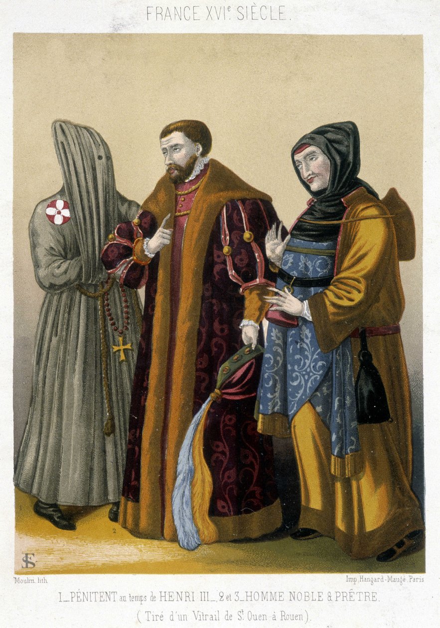 Costumi francesi nel XVI secolo: A sinistra, un penitente, al centro un nobile e a destra un prete. Illustrazione del XIX secolo da Saint Ouen a Rouen da French School