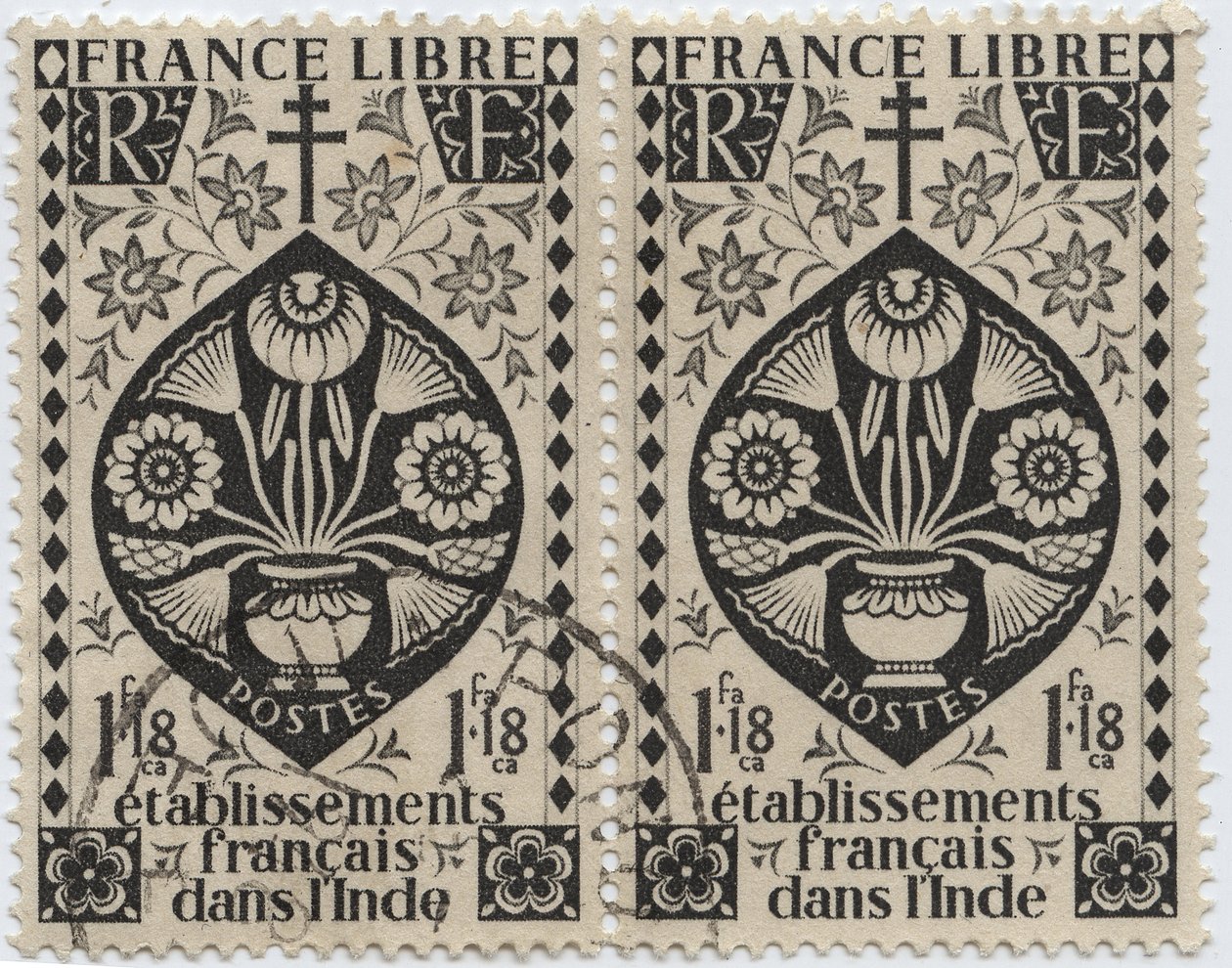 Stabilimenti francesi in India - FRANCE LIBRE e Croce di Lorena - Francobollo 1942 da French School