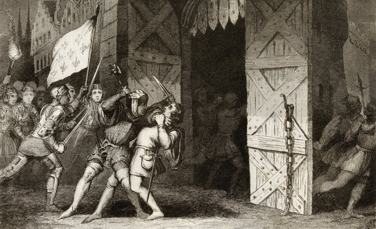 Cavalieri francesi attaccano una città inglese durante la Guerra dei Cent