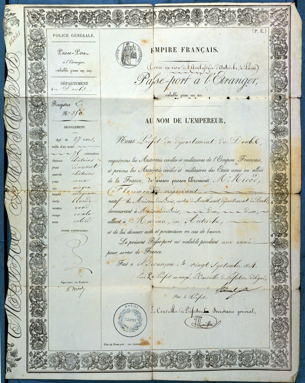 Passaporto francese, da Besançon, 20 settembre 1854 da French School