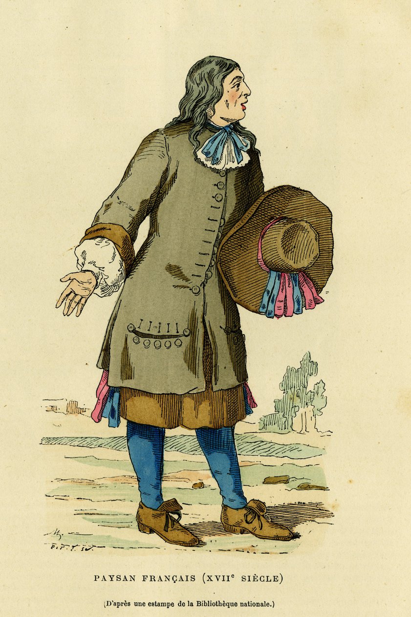 Costume contadino francese nel XVIII secolo. Incisione a colori da una stampa della biblioteca nazionale, in 