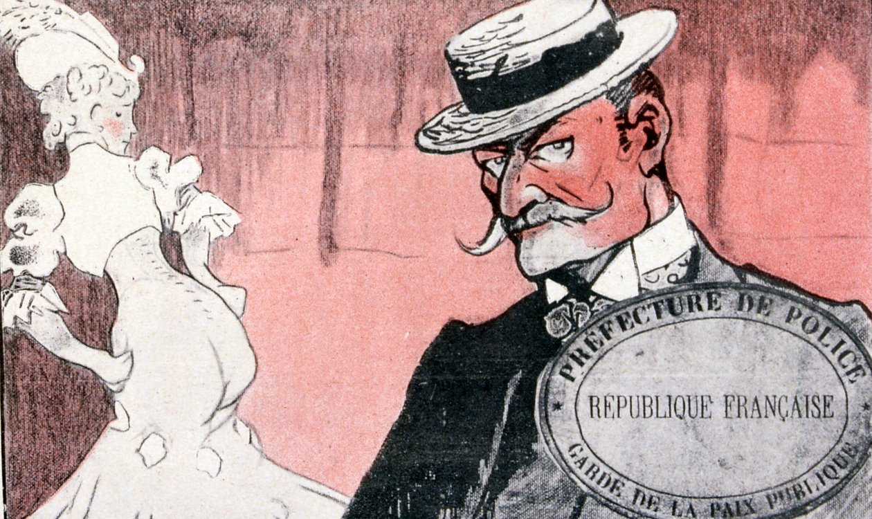 Polizia francese che sorveglia una prostituta prima di arrestarla. Francia del XIX secolo. Illustrazione francese 1890 da French School