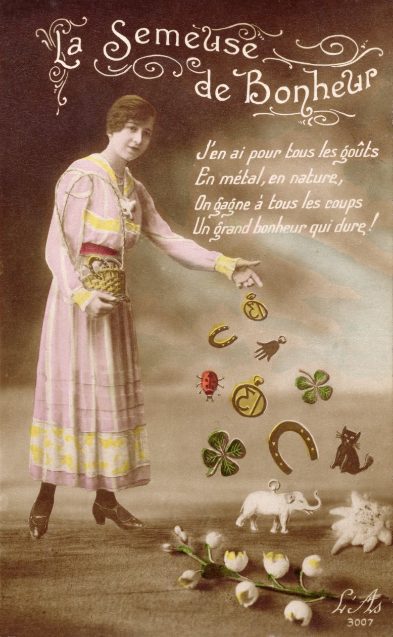 Cartolina francese raffigurante La Semeuse de Bonheur (La seminatrice di buona fortuna), 29 marzo 1914 da French School