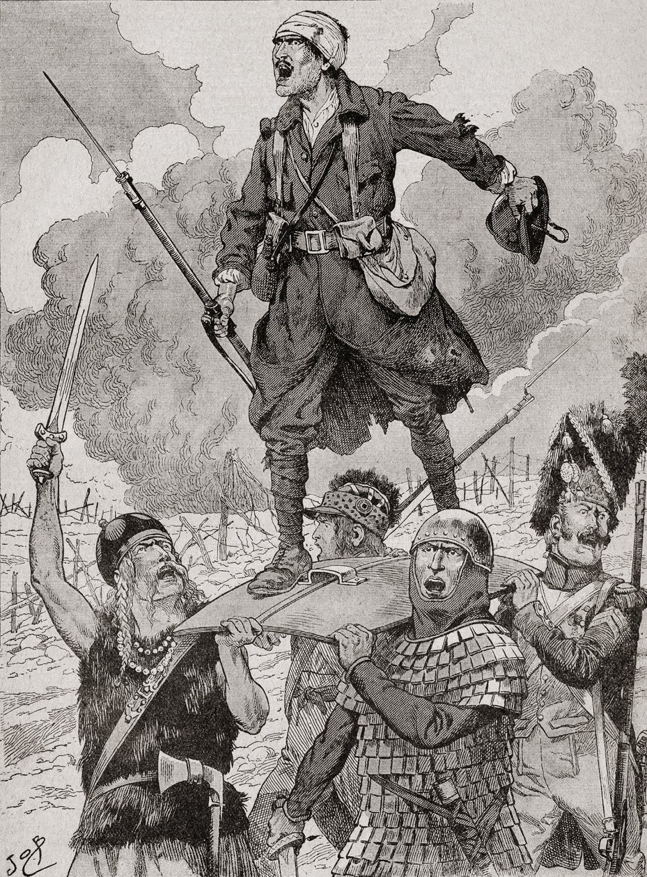 Poster di propaganda francese intitolato "On Les Aura", o Li Avremo. Quattro soldati di diversi periodi storici portano uno soldato della Prima Guerra Mondiale ferito ma sfidante su uno scudo. Da Agenda Buvard du Bon Marche pubblicato nel 1917. da French School