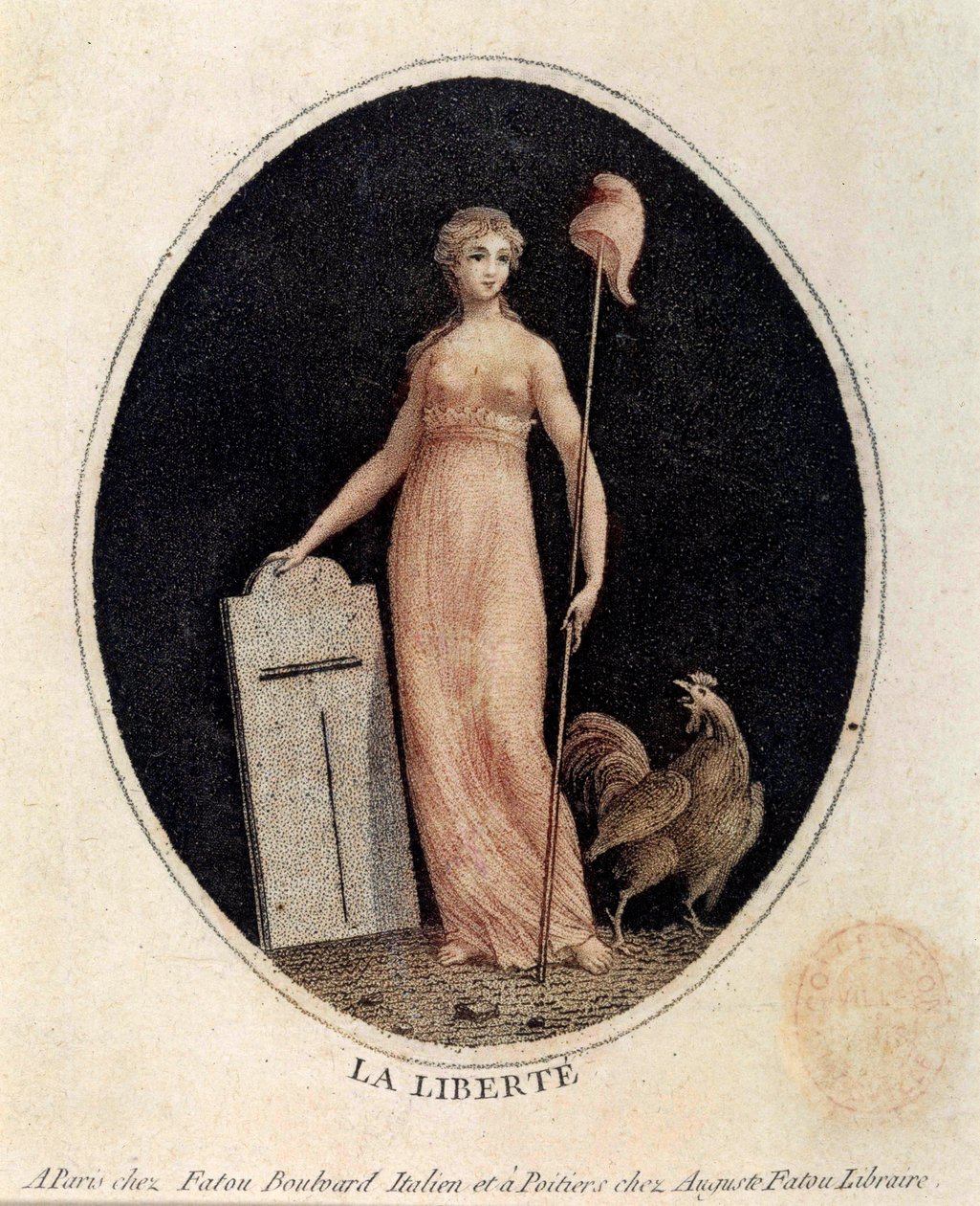 Rivoluzione francese: allegoria della libertà sotto le sembianze di una donna, con un berretto frigio su una lancia, con un gallo ai suoi piedi. Stampa della fine del XVIII secolo Parigi, Museo Carnavalet da French School