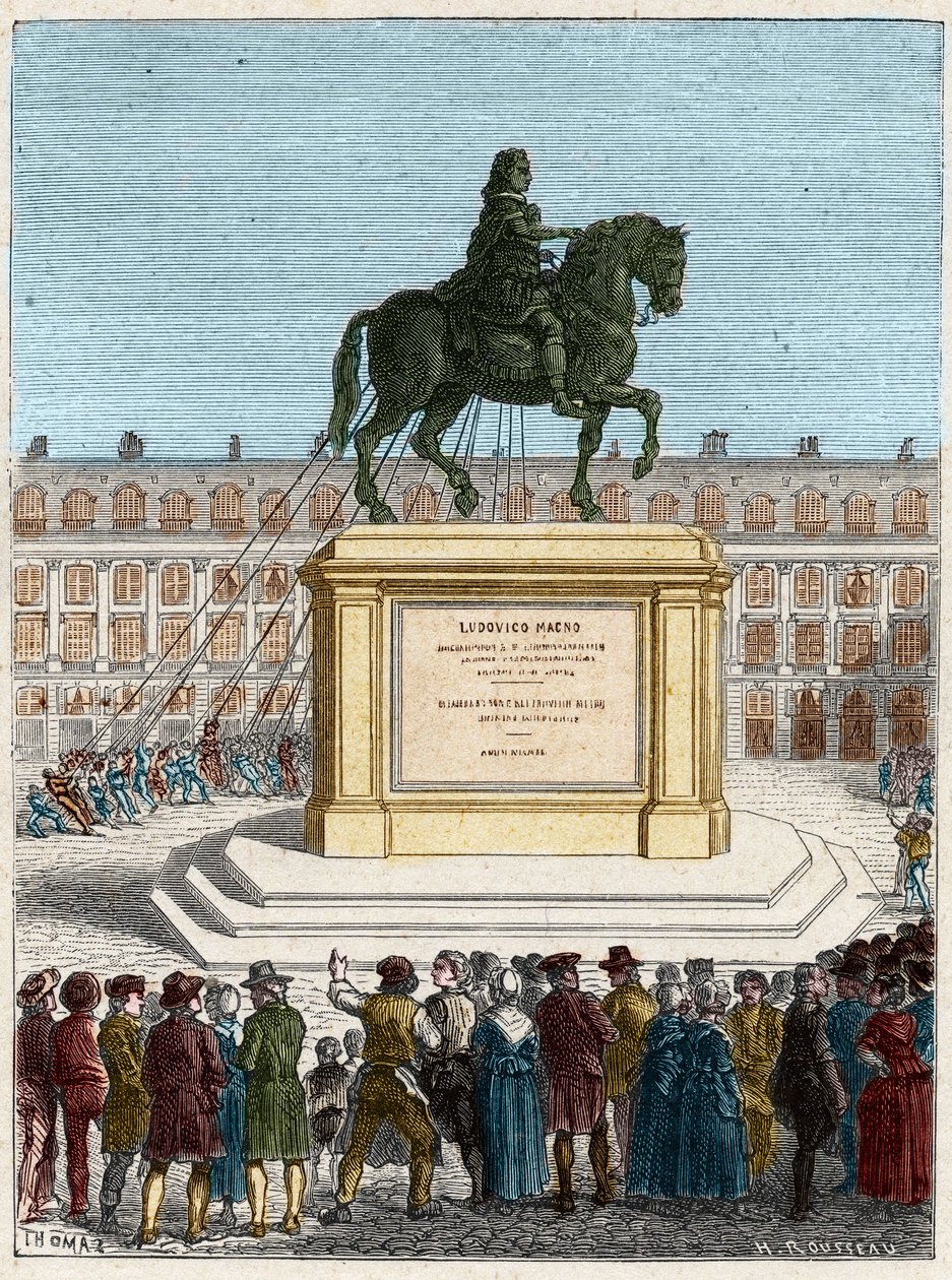 Rivoluzione francese: rovesciamento della statua del re Luigi XIV (1643-1715), Place Vendome a Parigi da French School