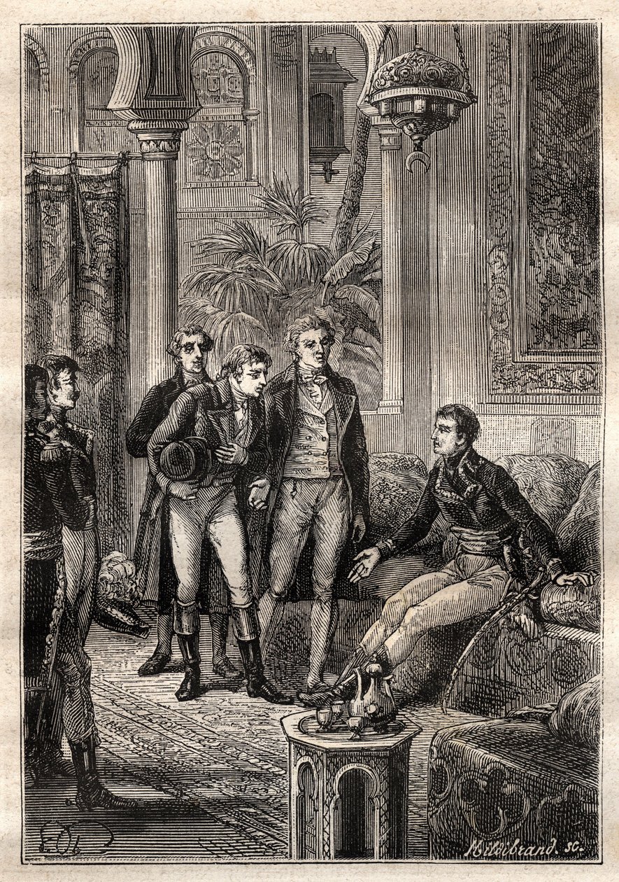 Friedrich Konrad Hornemann (1772-1801) incontra Napoleone Bonaparte al Cairo nel 1797 alla presenza di Gaspard Monge (1746-1818) e Claude Louis Berthollet (1748-1822) - illustrazione tratta da 