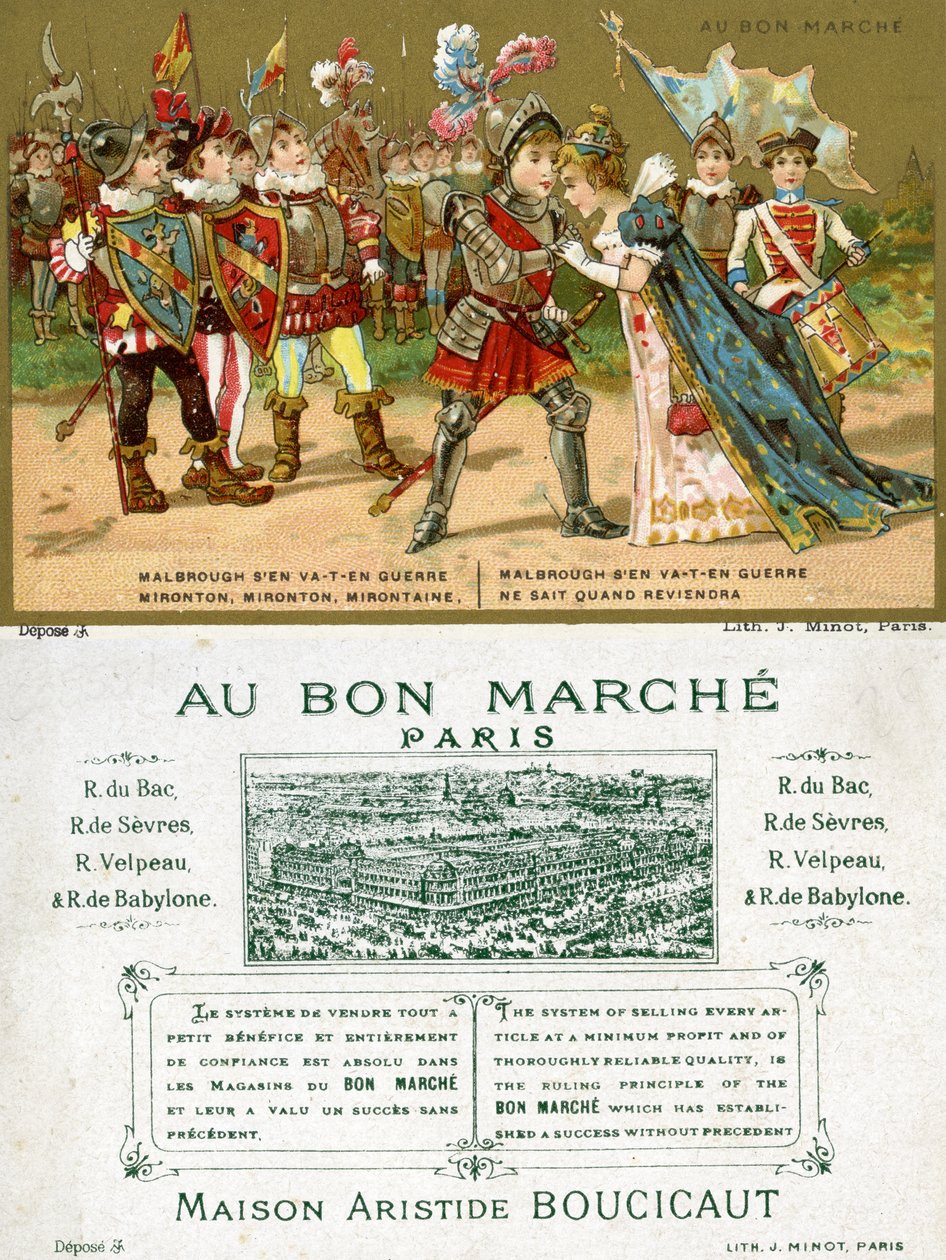 Fronte e retro di una carta promozionale per il grande magazzino parigino Au Bon Marché, raffigurante una delle canzoni popolari più famose in lingua francese, Marlbrough sen va-t-en guerre da French School