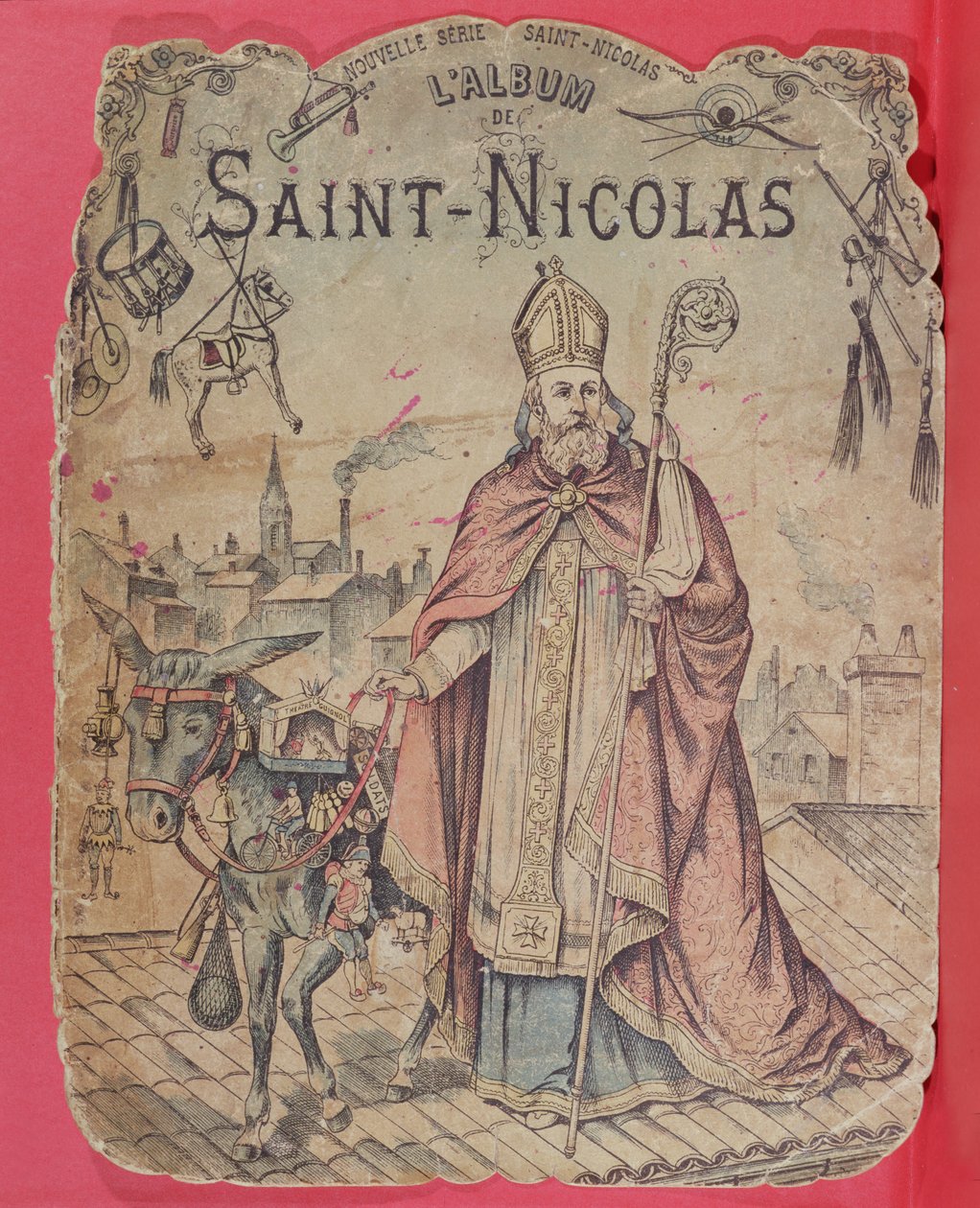 Copertina di un album illustrato raffigurante San Nicola che porta regali ai bambini, fine XIX secolo da French School