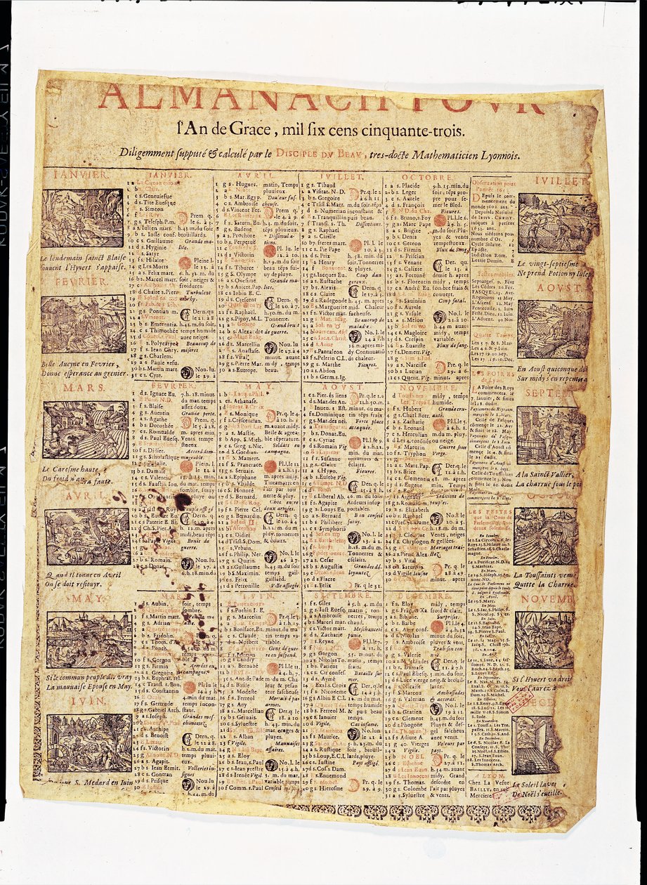 Prima pagina di un almanacco per il 1653 da French School