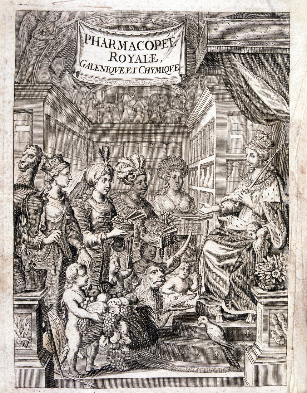 Frontespizio di "Pharmacopoeia royal, galenic and chymic" di Morse Charas, Farmacia al Giardino Reale delle Piante di Laurent d