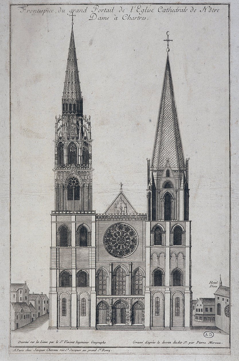 Frontespizio del grande portale della Chiesa Cattedrale di Notre Dame a Chartres, disegnato sul posto da Saint Vincent Geografo Ingegnere, sd. XIX secolo da French School