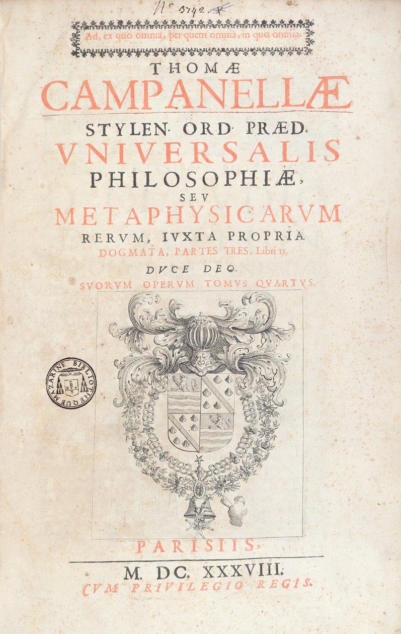 Frontespizio di Universalis Philosophiae di Tommaso Campanella, pubblicato a Parigi, 1638 da French School