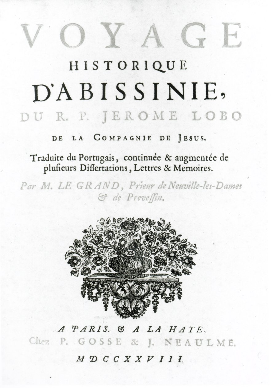 Frontespizio della traduzione francese di Viaggio in Abissinia di Jeronimo Lobo, pubblicato nel 1728 da French School