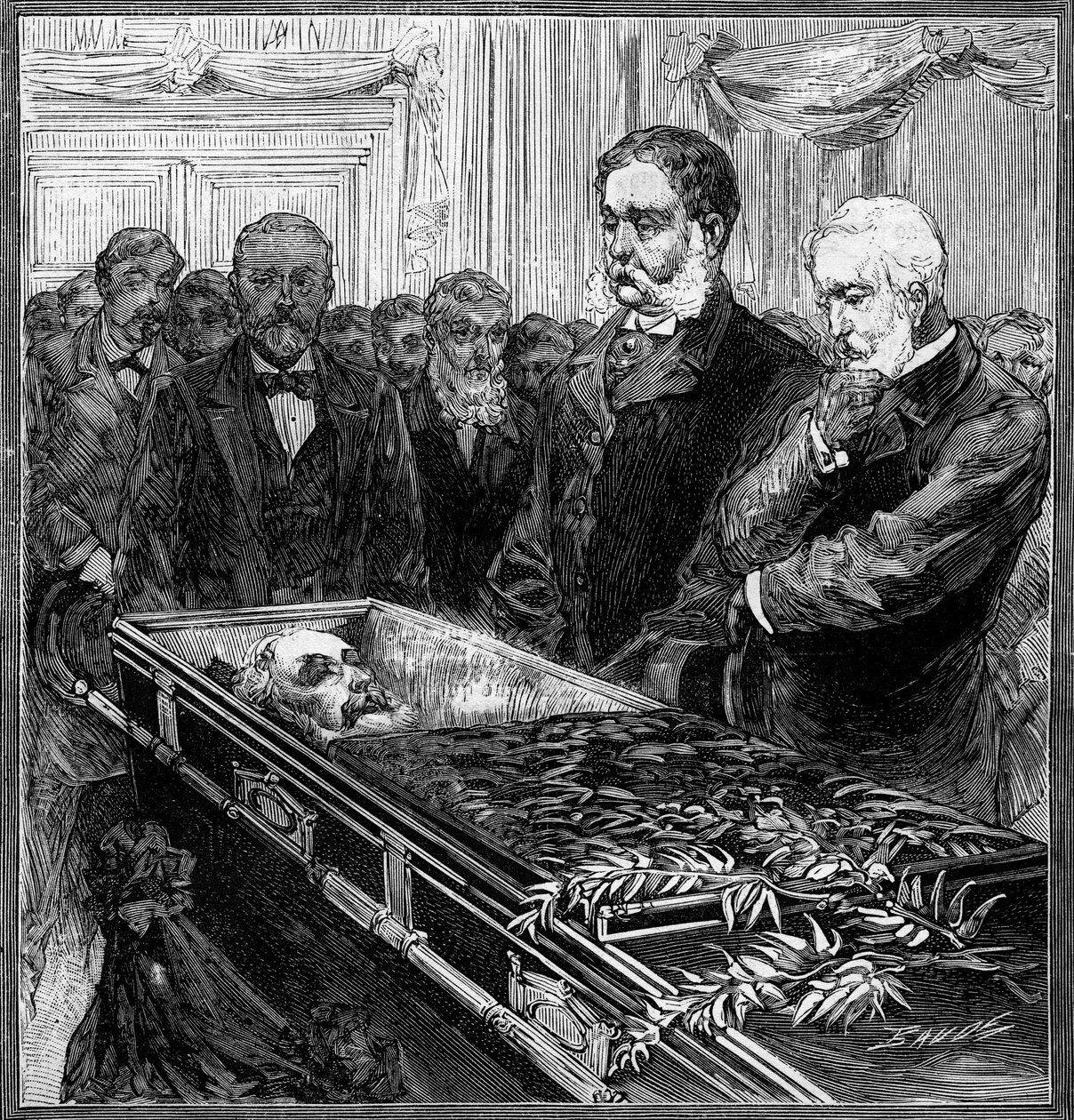 Funerale di James Abram Garfield (1831-1881), Presidente degli Stati Uniti: il suo successore, Chester Alan Arthur (1830-1886) e il Segretario Blain davanti alla bara sotto la cupola del Campidoglio di Washington. Incisione in 