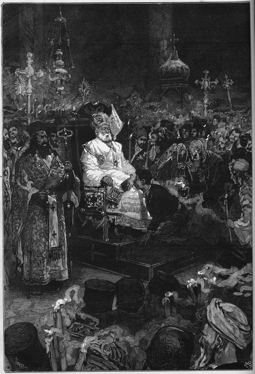 Funerale di Joachim II (1791-1878): il corpo del patriarca ecumenico di Costantinopoli è esposto nella chiesa patriarcale di Phanar. È vestito con abiti sacerdotali e una mitra. Incisione in 