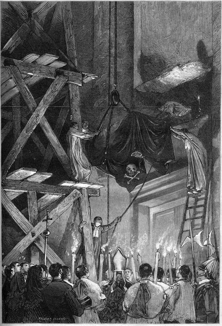 Funerale di Papa Pio IX (1792-1878): la sepoltura del corpo nella Basilica di San Pietro a Roma. Incisione in "Le Monde Illustré" n.1093 del 9 marzo 1878 da French School