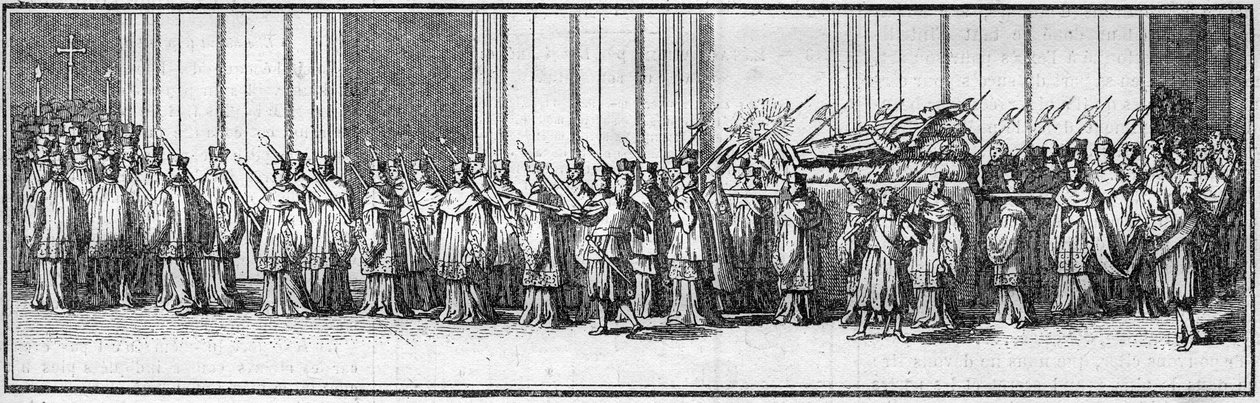 Funerale di un papa nel XVIII secolo: il corpo del papa portato alla Chiesa di San Pietro a Roma. Incisione in "Histoire des religions" da French School