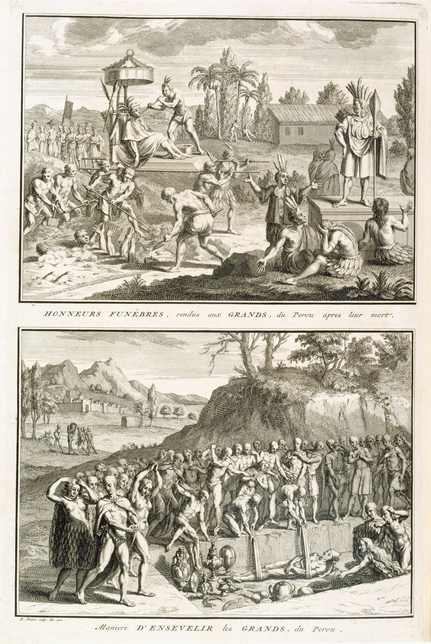 Riti funebri e modalità di sepoltura dei signori dopo la loro morte, in Perù, illustrazione da Cerimonie e costumi religiosi, inciso da Bernard Picart (1673-1733) 1722 da French School