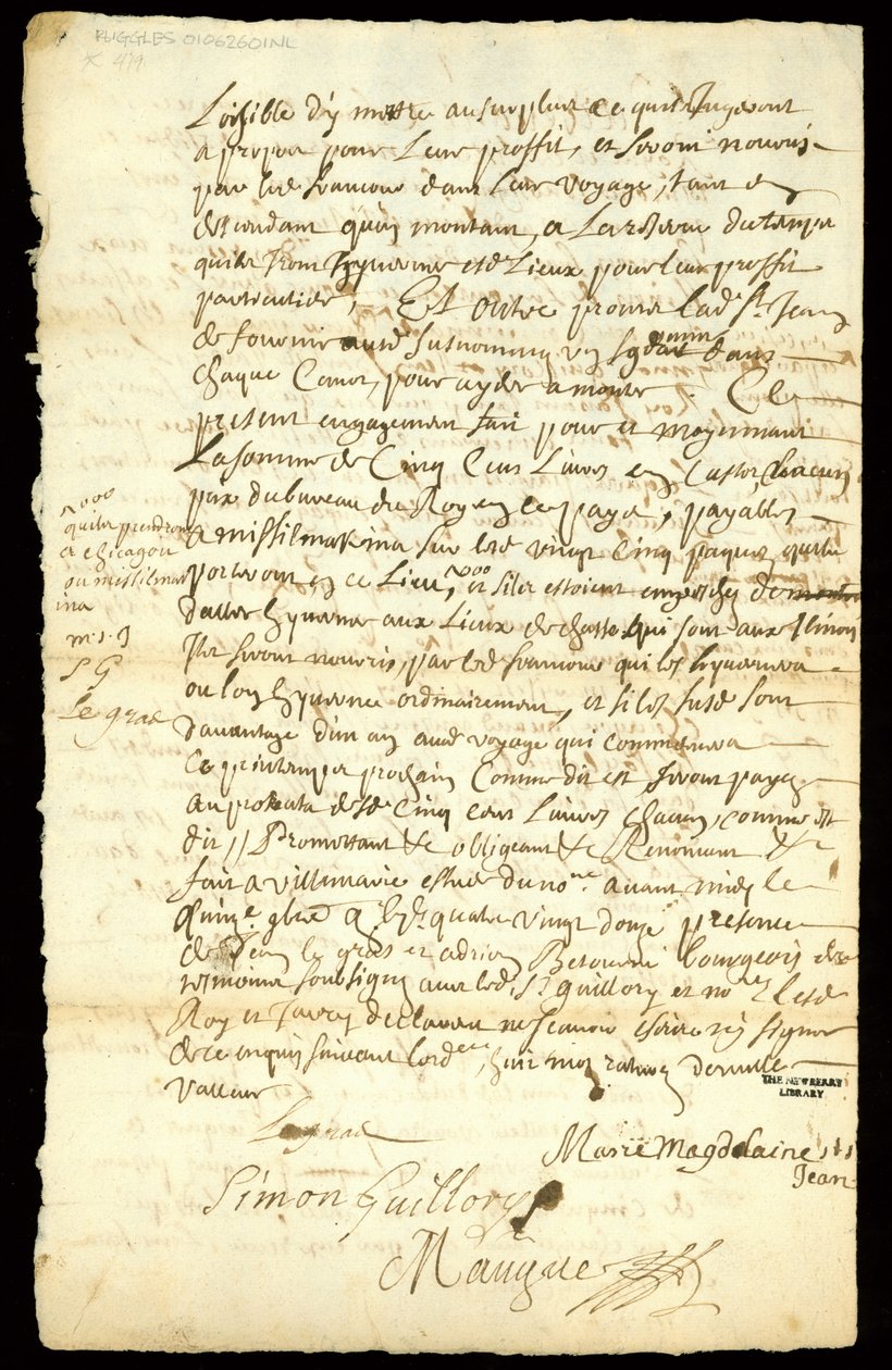 Contratto di commercio di pellicce tra Francois Francoeur e quattro voyageurs per il trasporto di merci e l