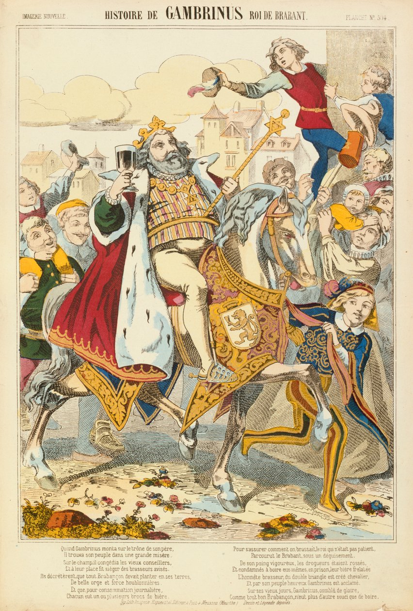 Gambriunus, leggendario re delle Fiandre, foglio illustrato pubblicato da Verlag Haguenthal, Pont-a-Mousson, 1860 da French School