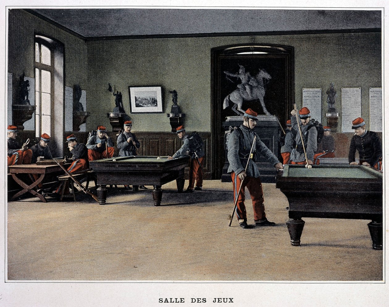 Sala giochi: soldati che giocano a biliardo - in "Album militaire" - fanteria da French School