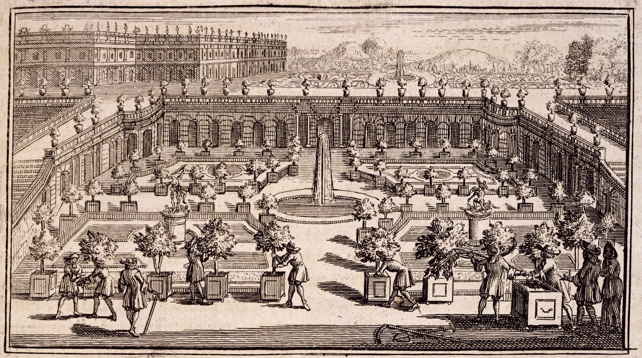 Giardinieri che lavorano in un giardino di aranci, da Le Parfait Jardinier, ou Instruction pour les Jardins Fruitiers et Potager, di Jean de la Quintinye, pubblicato 1695 da French School