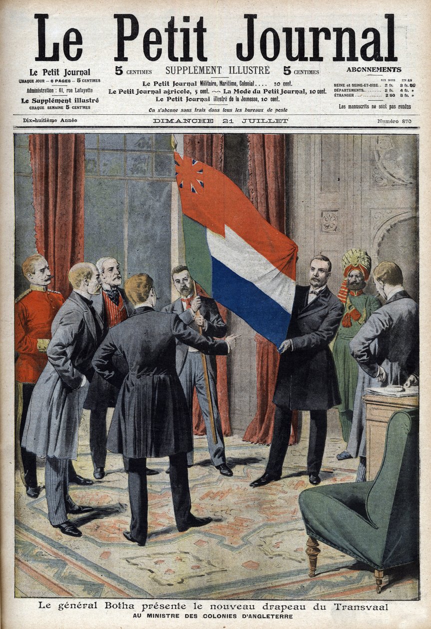 Il generale Pieter Willem Botha (un boero) presenta la nuova bandiera del Transvaal (Sudafrica) al ministro coloniale inglese Lord Elgin - 