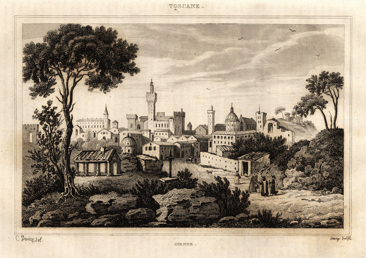 Veduta generale di Siena in Toscana, incisione di C. Deveze in 