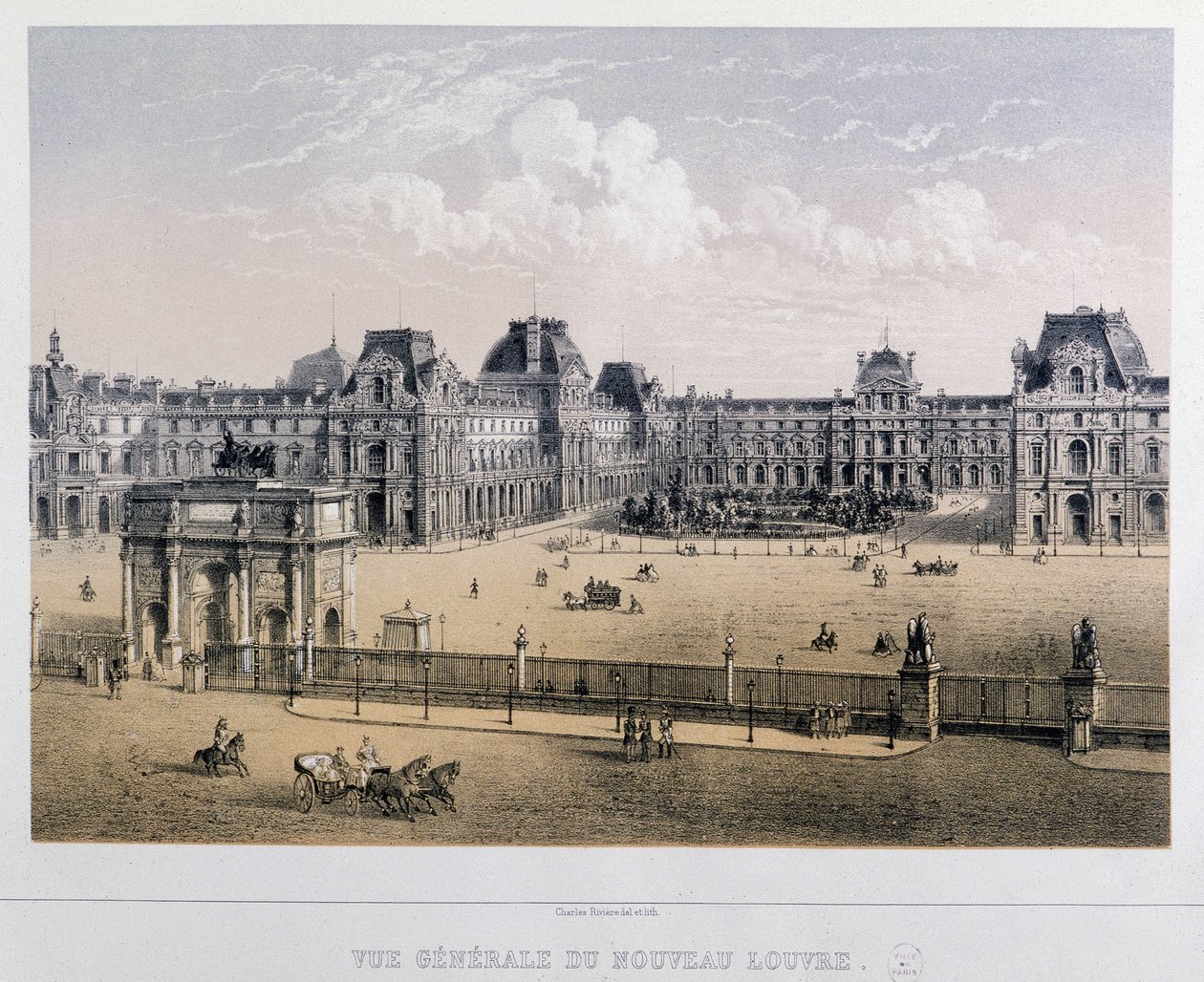 Veduta generale del nuovo Louvre: Arc du Carrousel - Incisione del 19° secolo da French School