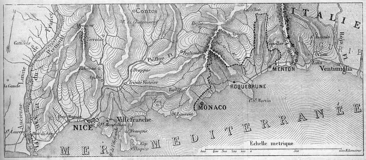 Carta geografica del Principato di Monaco, nel 1861, prima che la città di Roquebrune e Mentone si unissero alla Francia. Incisione in 