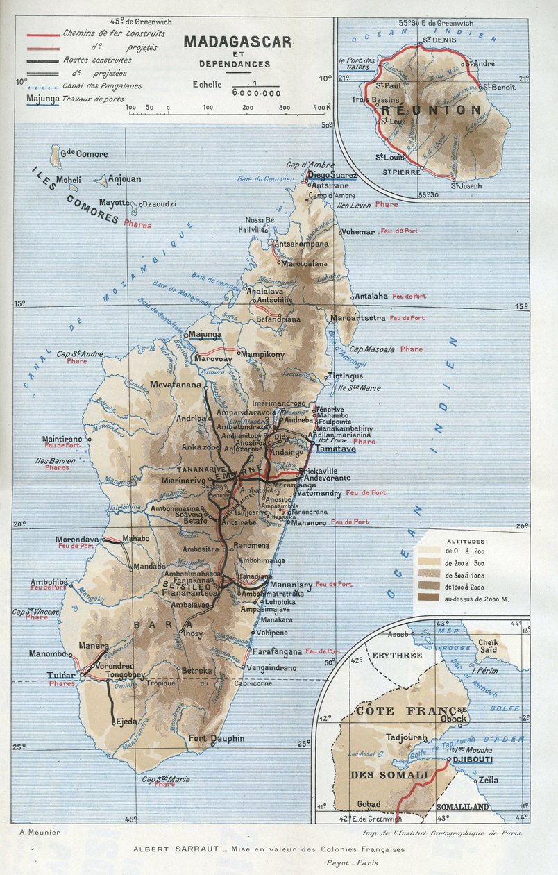 Carta geografica della colonia del Madagascar e delle sue dipendenze, della Riunione e della costa francese della Somalia. in "La mise en valeur des colonies francaises", Albert Sarraut da French School