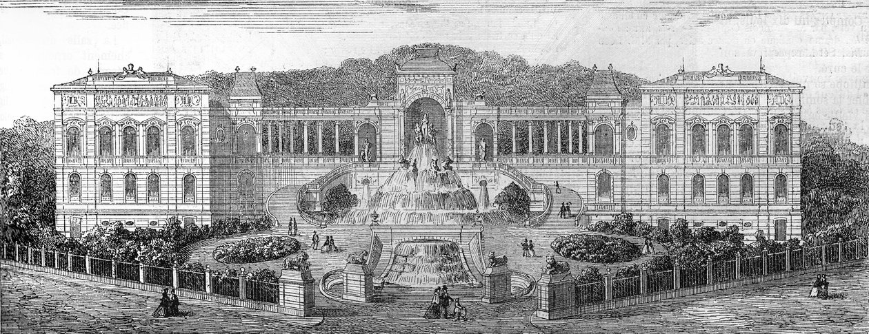 Vista geometrale del Palais de Longchamp a Marsiglia, Bouches-du-Rhône, costruito nel 1862 da Henri Jacques Espérandieu. Incisione in 