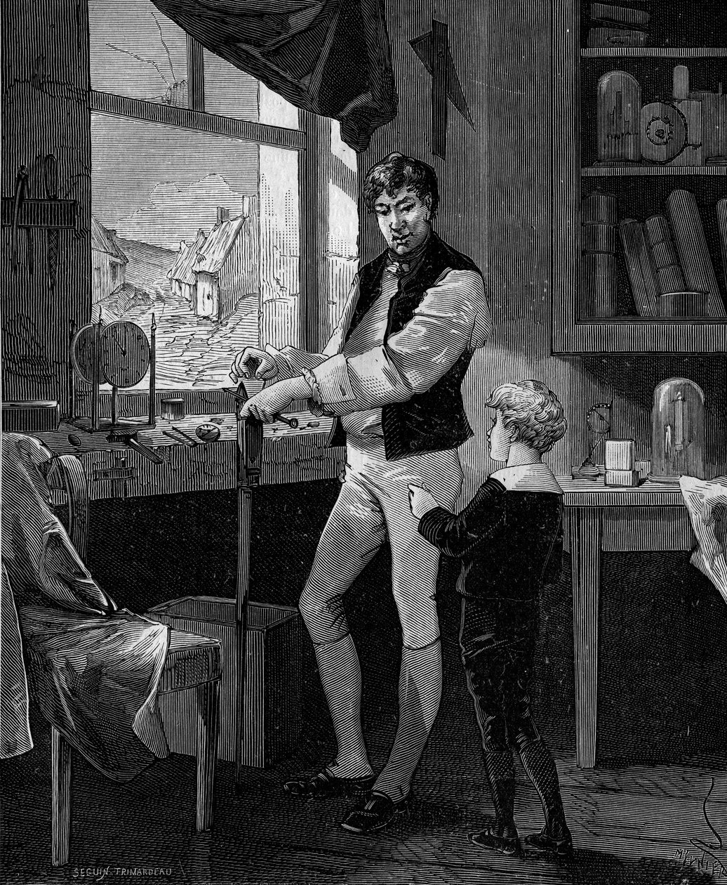 George Stephenson, ingegnere britannico (1781-1848) con suo figlio da French School