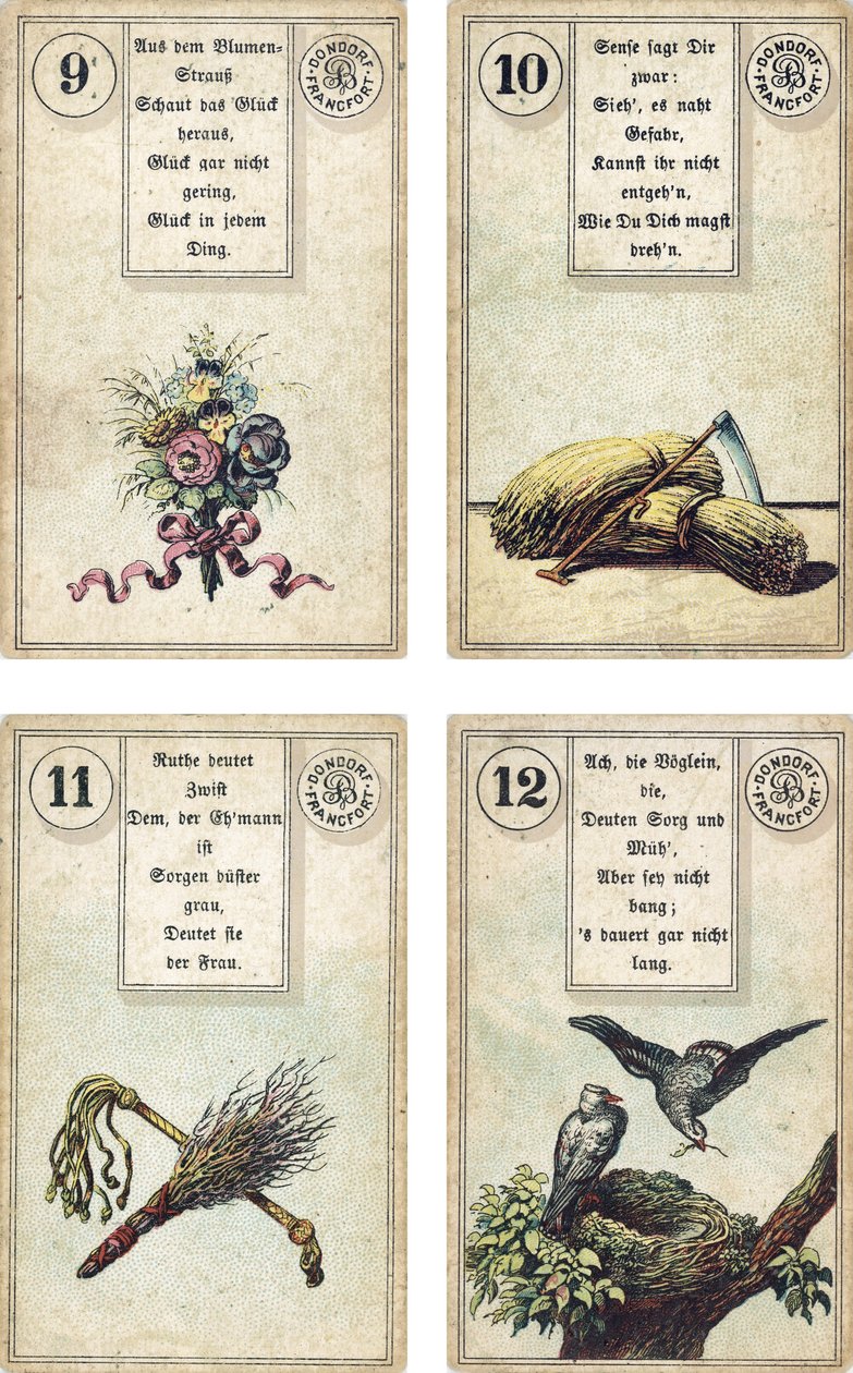 Edizione tedesca del mazzo di cartomanzia francese Lenormand: I Fiori, La Falce, La Verga, La Frusta, Gli Uccelli, pubblicato da Dondorf, Francoforte, XIX secolo da French School