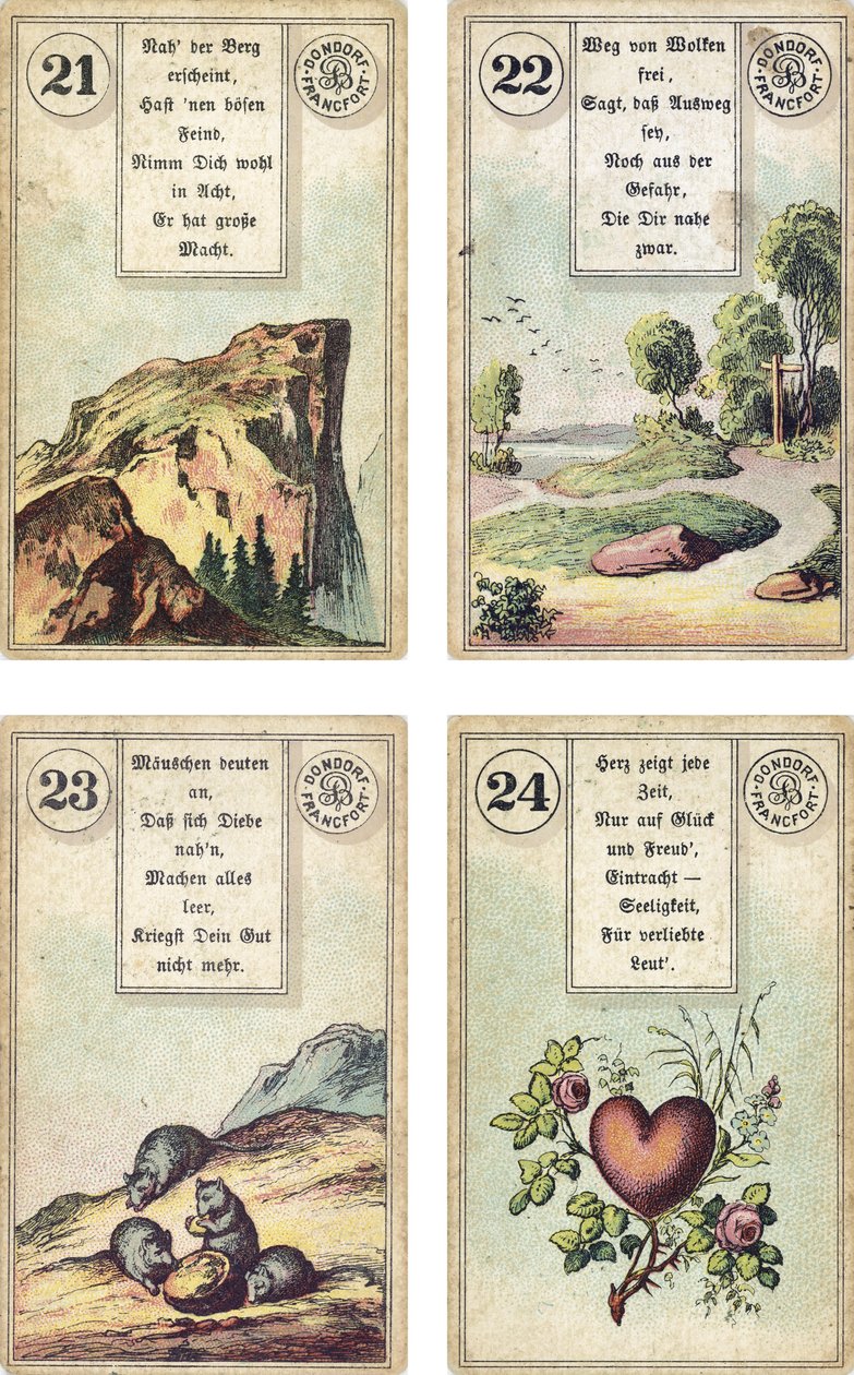 Edizione tedesca del mazzo di cartomanzia francese Lenormand: La Montagna, La Strada, I Topi, Il Cuore, pubblicato da Dondorf, Francoforte, XIX secolo da French School