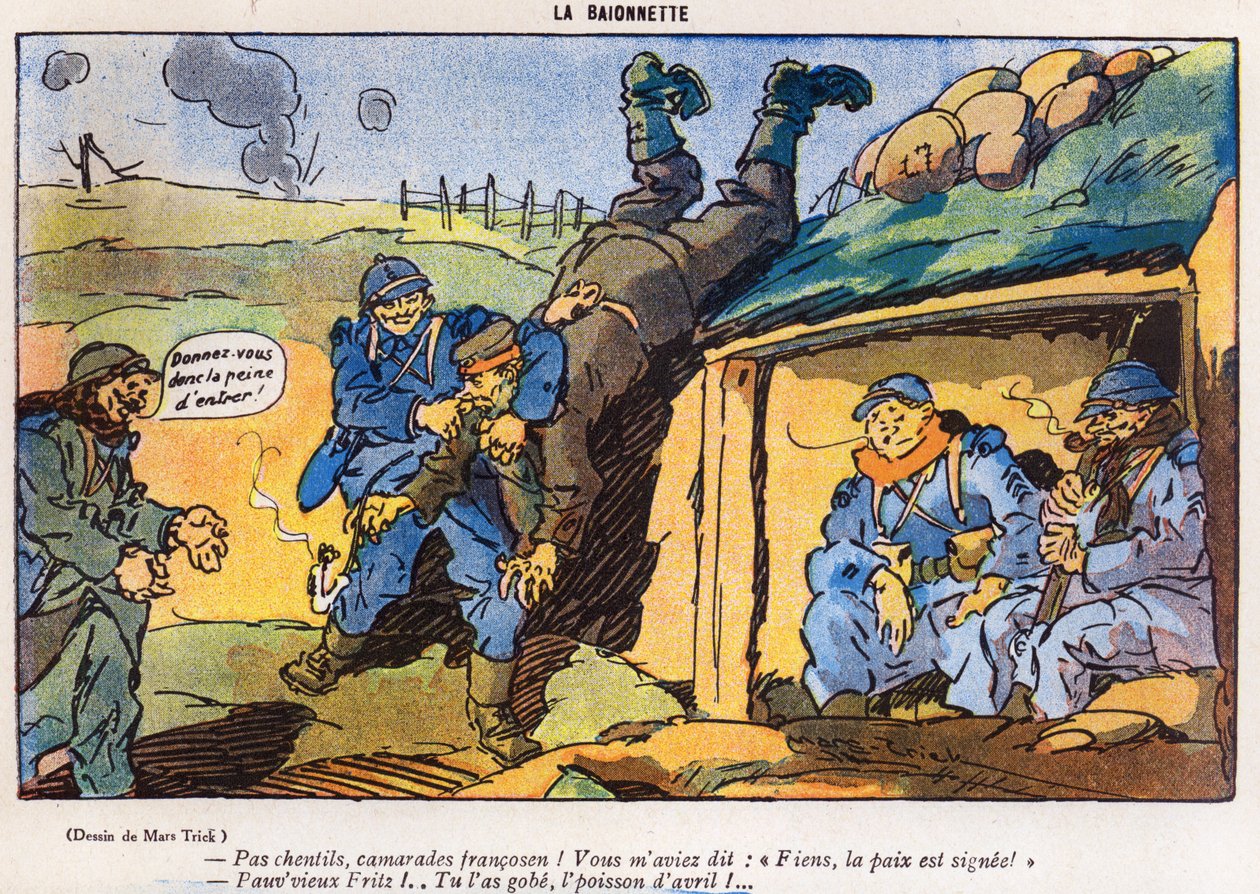 Soldato tedesco catturato dai soldati francesi a seguito di un trucco, vignetta dall