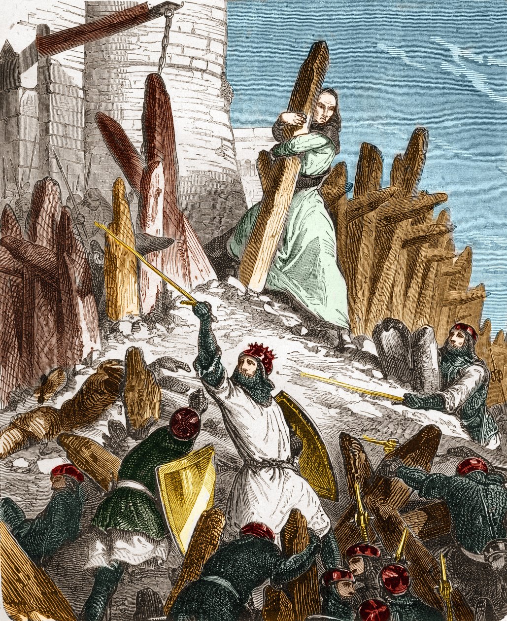 Guerra contro Hugues du Puiset da parte di Luigi il Grosso: Attacco del castello di Puiset (situato nel dipartimento di Eure-et-Loir) da parte delle forze del re di Francia Luigi VI il Grosso nel 1118. Incisione in "Histoire De France En Cent Peintures" di da French School
